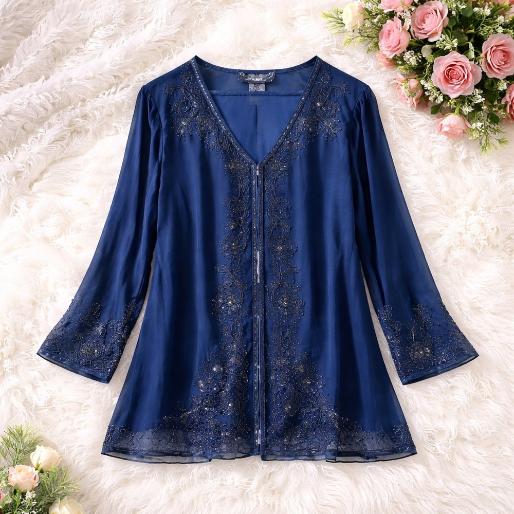 NWT - Susan Graver Navy Long Sleeve Kimono Cardigan with Bead Detail - Size M
